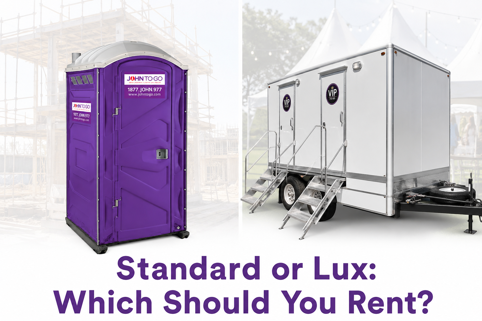 side by side graphic of a standard porta potty and a luxury restroom trailer
