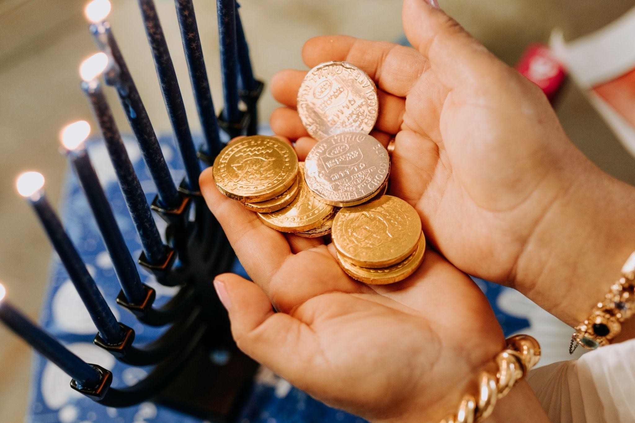 menorah and chocolate coins for chanukah party