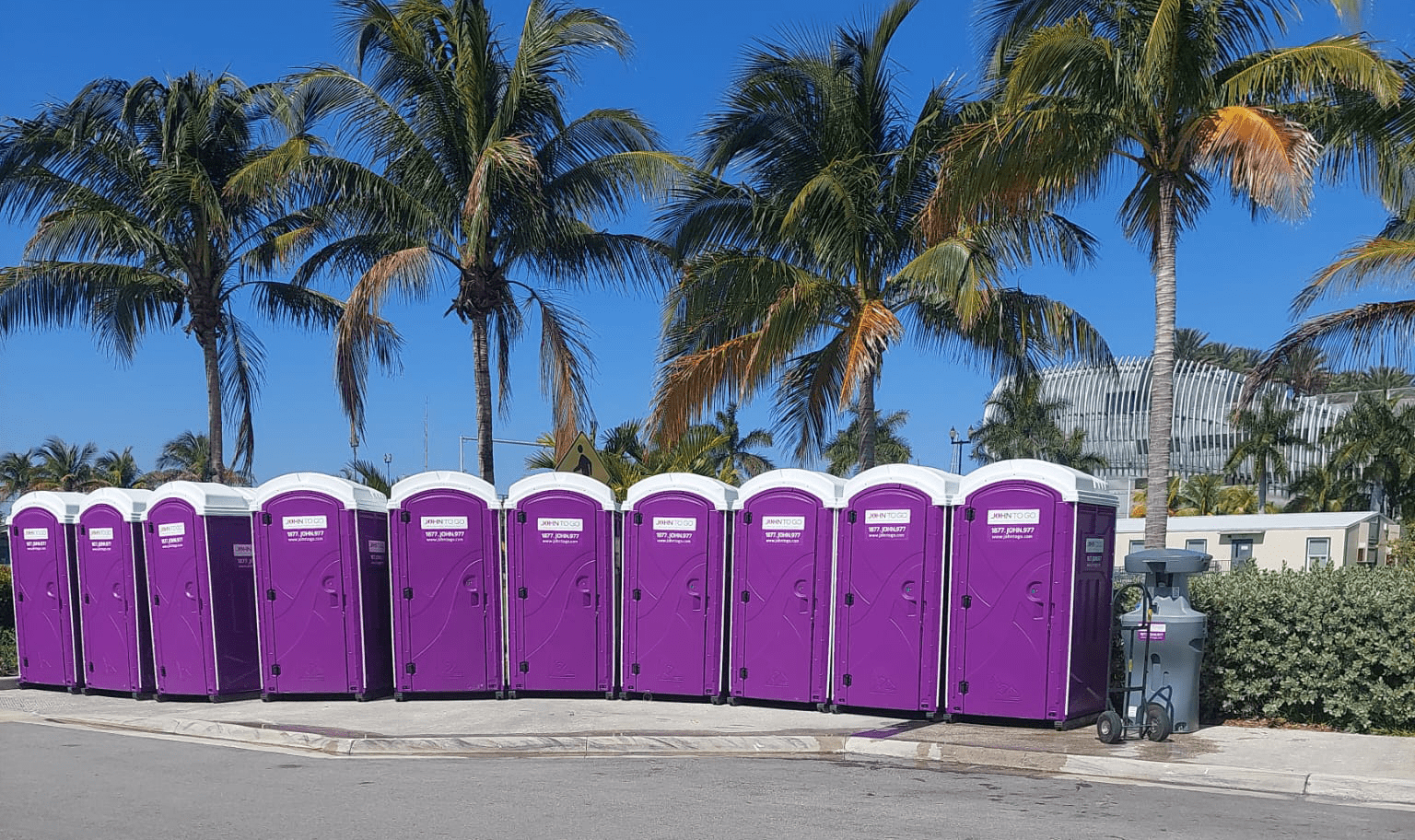 lineup of many purple porta potties and sink in Florida