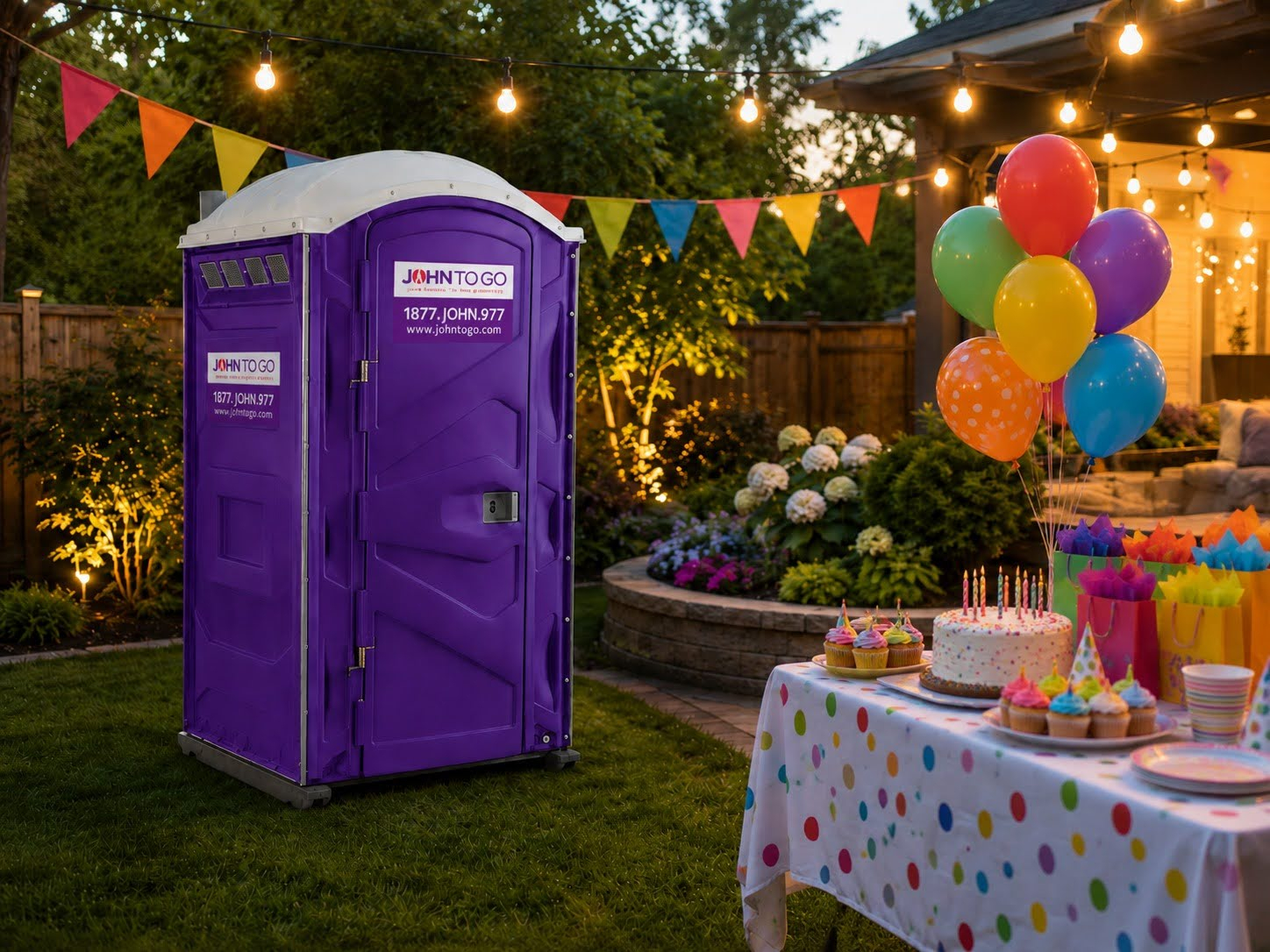 John to Go porta potty in a backyard next to a birthday-decorated table